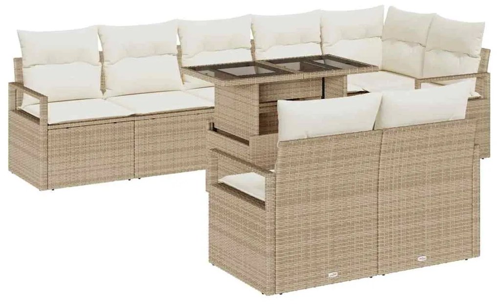 Conjunto de Sofá de Jardim 9 Peças com Almofadas Bege em Rattan Sintét