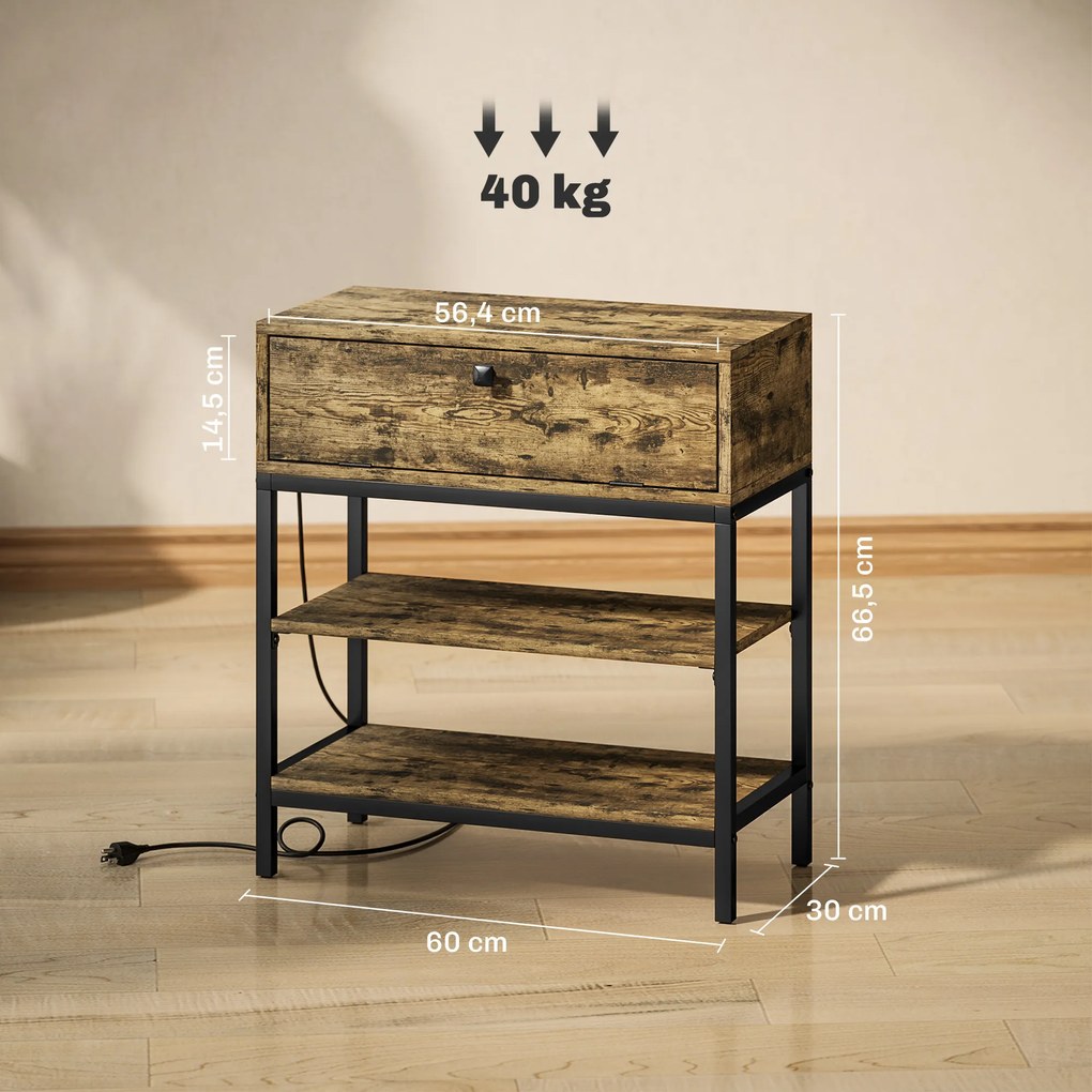 Mesinha Auxiliar Industrial com Estação de Carga Gaveta e Prateleiras Abertas 60x30x66,5 cm Castanho Rústico