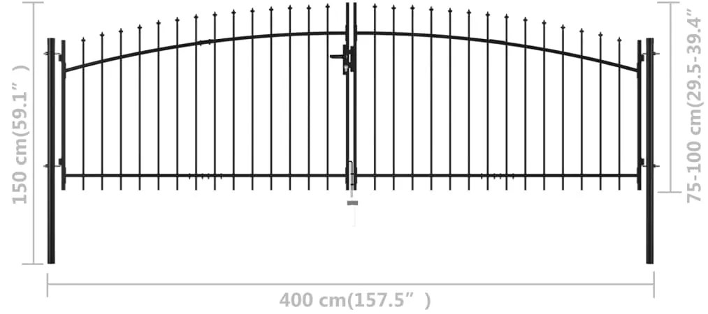 Portão de cerca com porta dupla e topo em lanças 400x150 cm