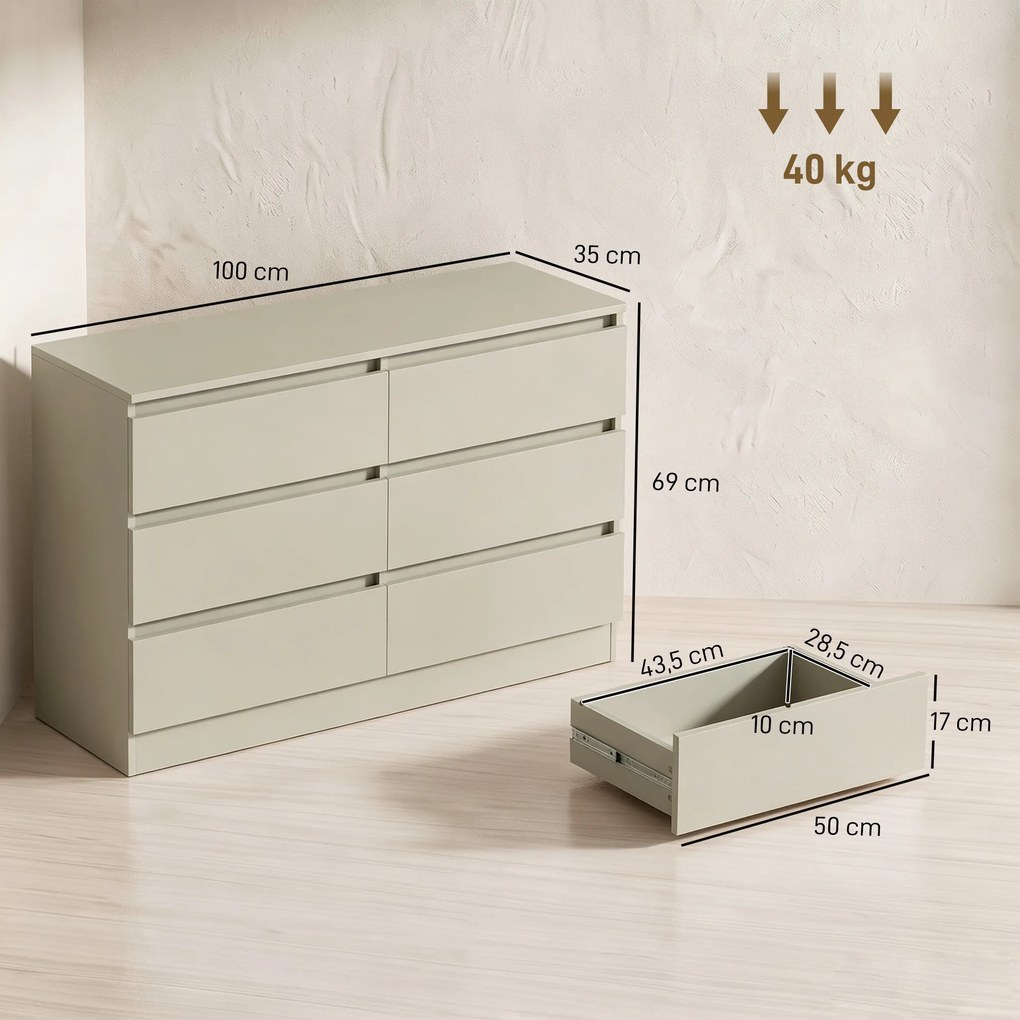Cómoda com 6 Gavetas, Design Moderno de Coluna Dupla, para Quarto e Sala, 100 x 35 x 69 cm, Castanho Claro