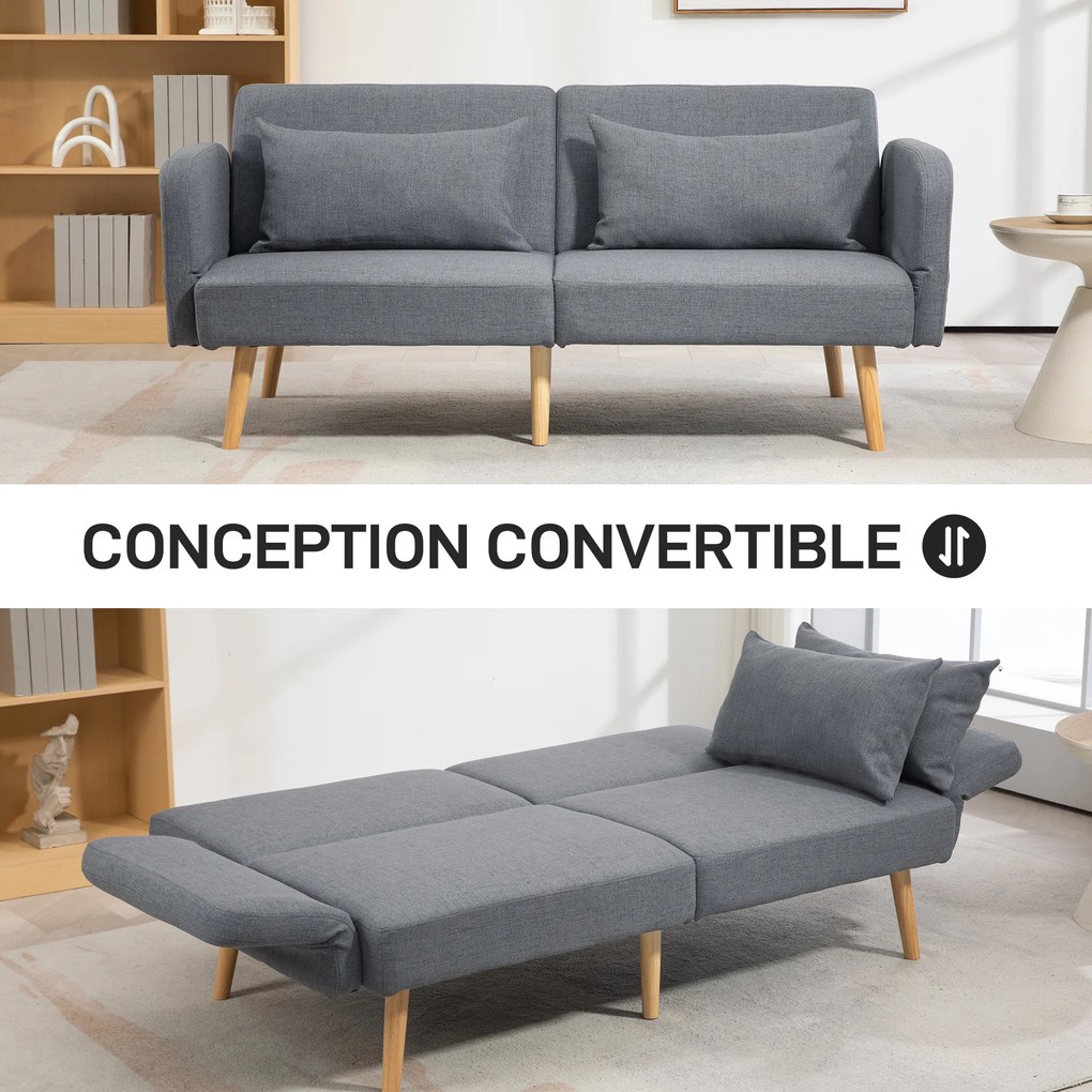 Sofá-cama de 3 lugares de design 170 (L) x 83 (P) x 80 (A) cm, com encosto reclinável e braços ajustáveis, em tecido cinzento com efeito de linho