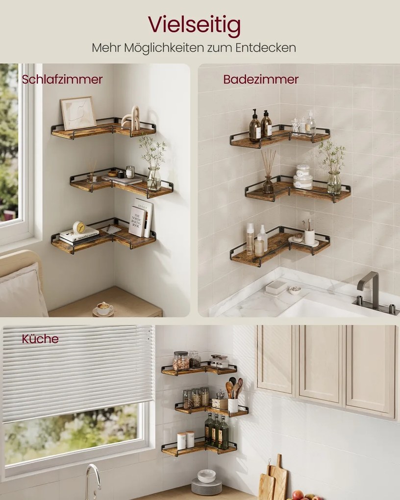 Conjunto de 3 prateleiras de parede em forma de L com design industrial em castanho vintage