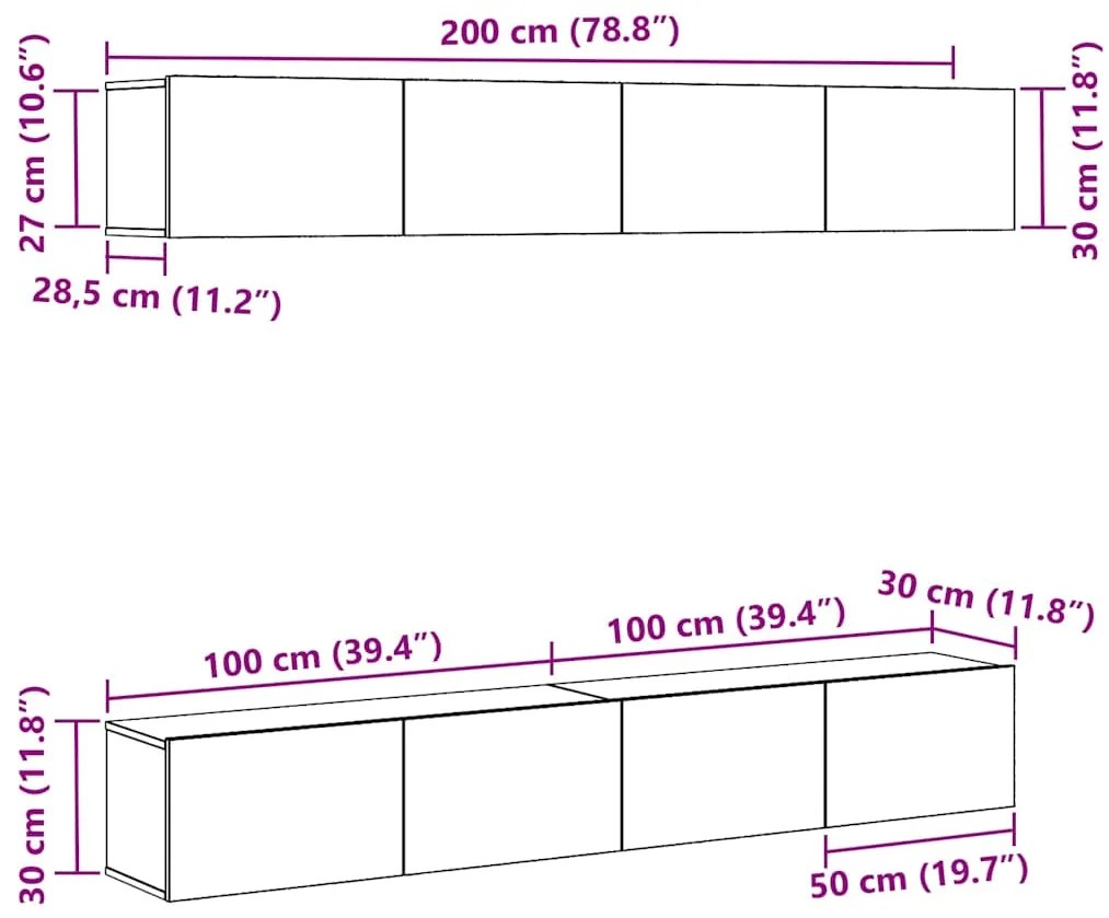 Estante de TV 4 Peças - Montada na Parede em Carvalho Preto