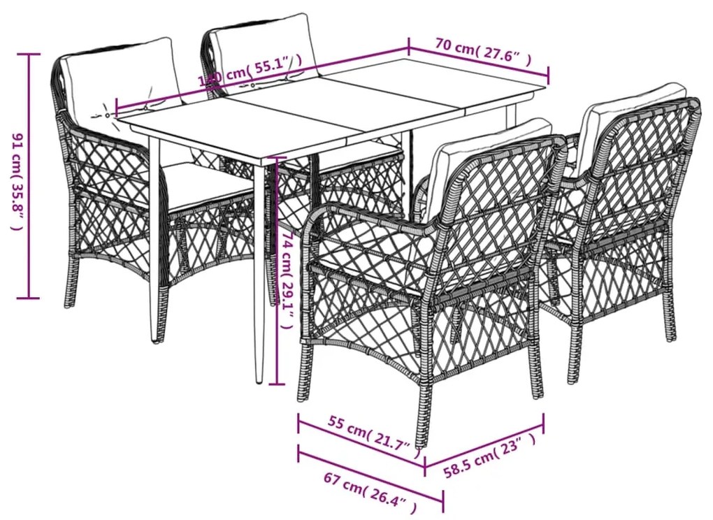 5 pcs conjunto jantar p/ jardim c/ almofadões vime PE castanho
