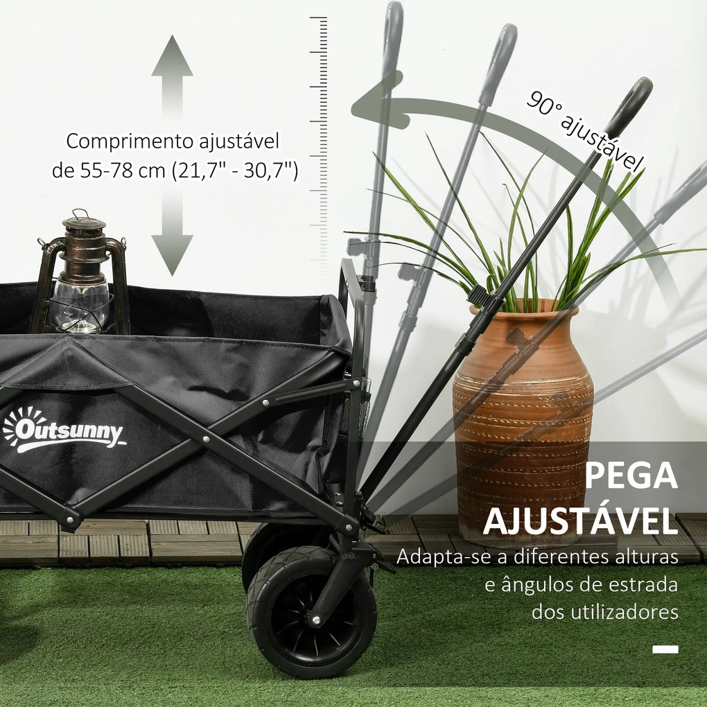 Carrinho de Transporte Dobrável com Bolsa Térmica Removível Capacidade 100 kg para Campismo Praia 113x57x77-100 cm Preto