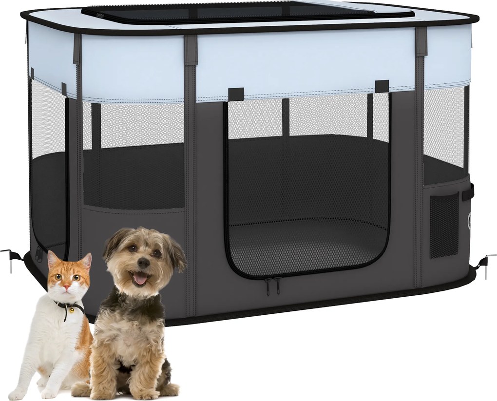 Parque dobrável para cães, gatos e pequenos animais, em tecido Oxford, com espaço de arrumação, 94 x 74 x 60 cm, cinzento e preto