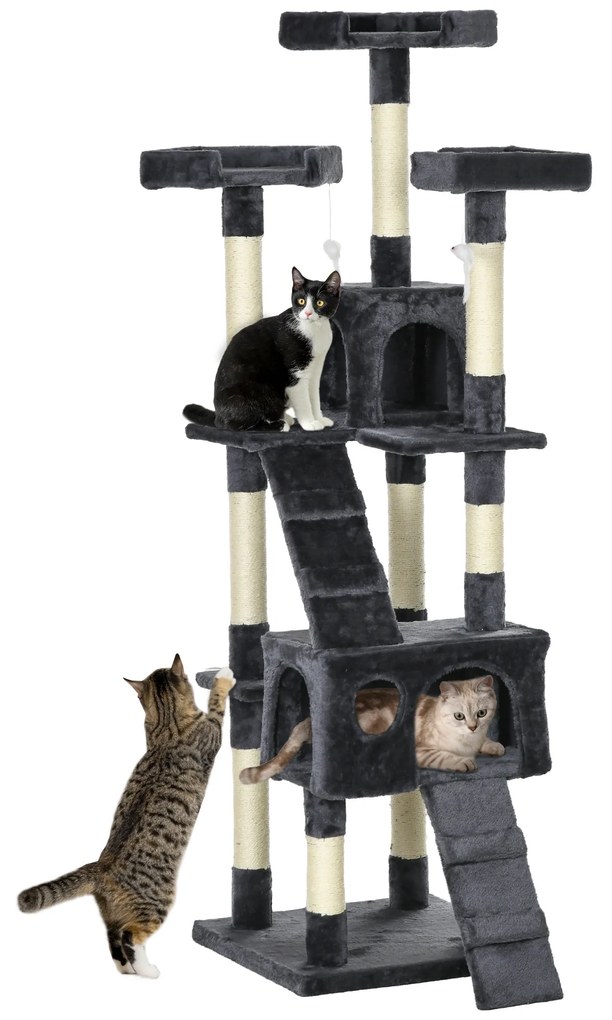 PawHut Arranhador para Gatos Grande 49x49x173 cm com Múltiplos Níveis Cavernas e Brinquedos Suspensos Cinza Escuro