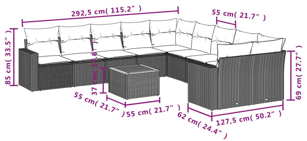 11 pcs conjunto sofás de jardim c/ almofadões vime PE bege