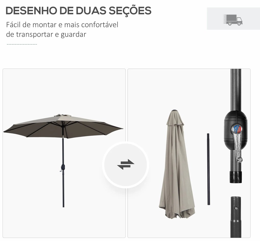 Outsunny Chapéu de Sol de Jardim Ø295x250 cm com Manivela Chapéu de Sol Exterior com Mecanismo de Inclinação e Mastro Desmontável de Metal para Terraço Piscina Pátio Cinza