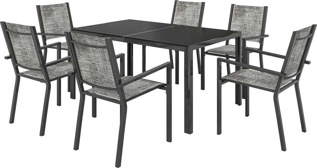 Outsunny Mesa de jardim exterior com 6 cadeiras empilháveis, tampo em ripas 150 cm, estrutura em aço anti-ferrugem, preto | Aosom Portugal