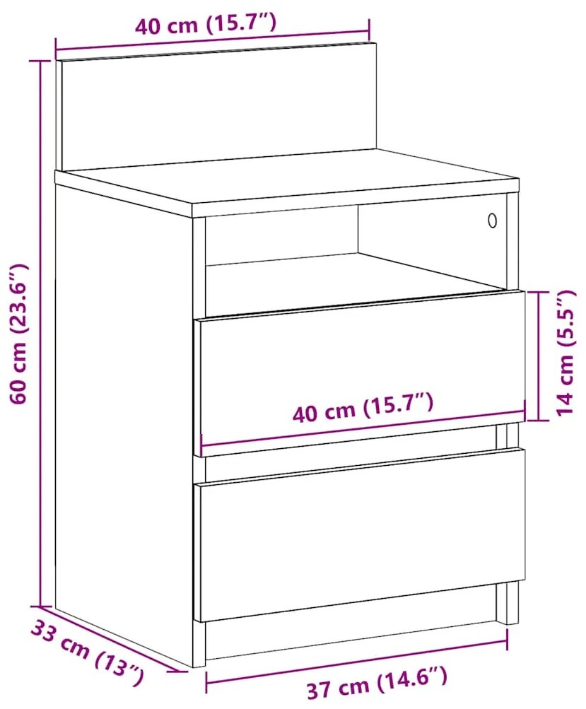 Mesa de cabeceira com 2 gavetas 40x33x60 cm carvalho sonoma