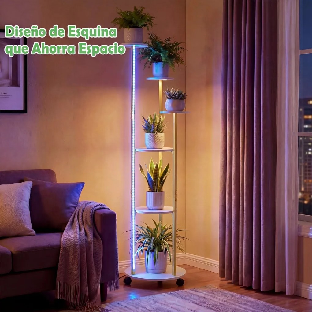 Suporte para plantas de canto com 6 níveis 45 x 43 x 146,5 cm, rodas bloqueáveis, luzes LED com 16 cores, comando à distância, branco