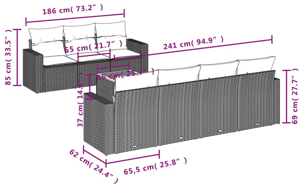 8 pcs conjunto sofás p/ jardim c/ almofadões vime PE cinzento