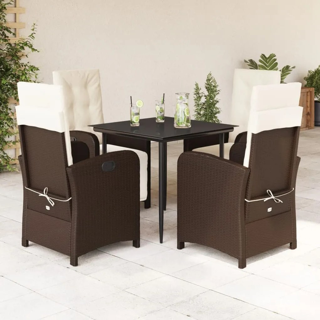 5 pcs conjunto jantar p/ jardim c/ almofadões vime PE castanho