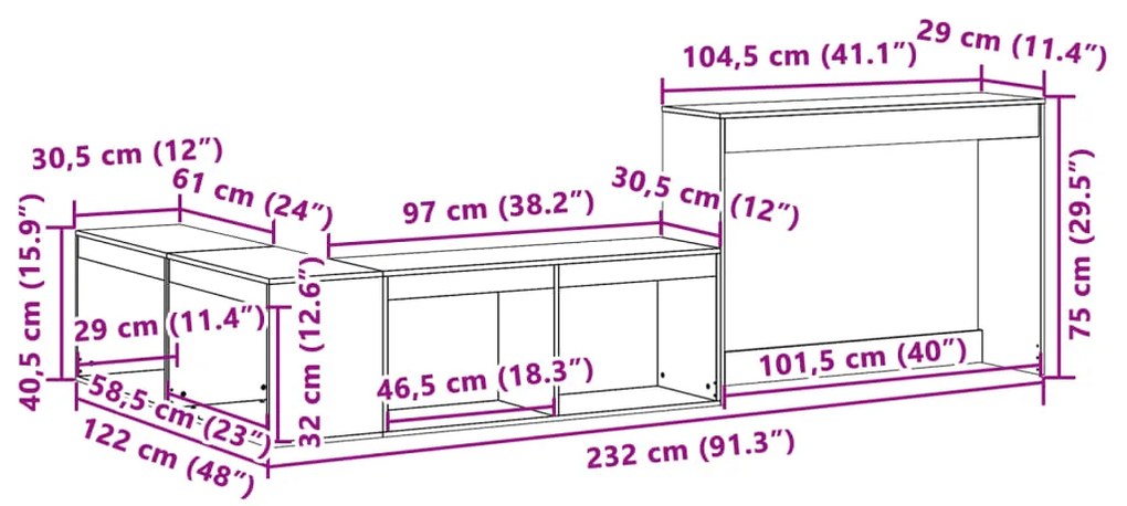 Mesa de cabeceira c/ secretária 232x122x75cm pinho castanho-mel