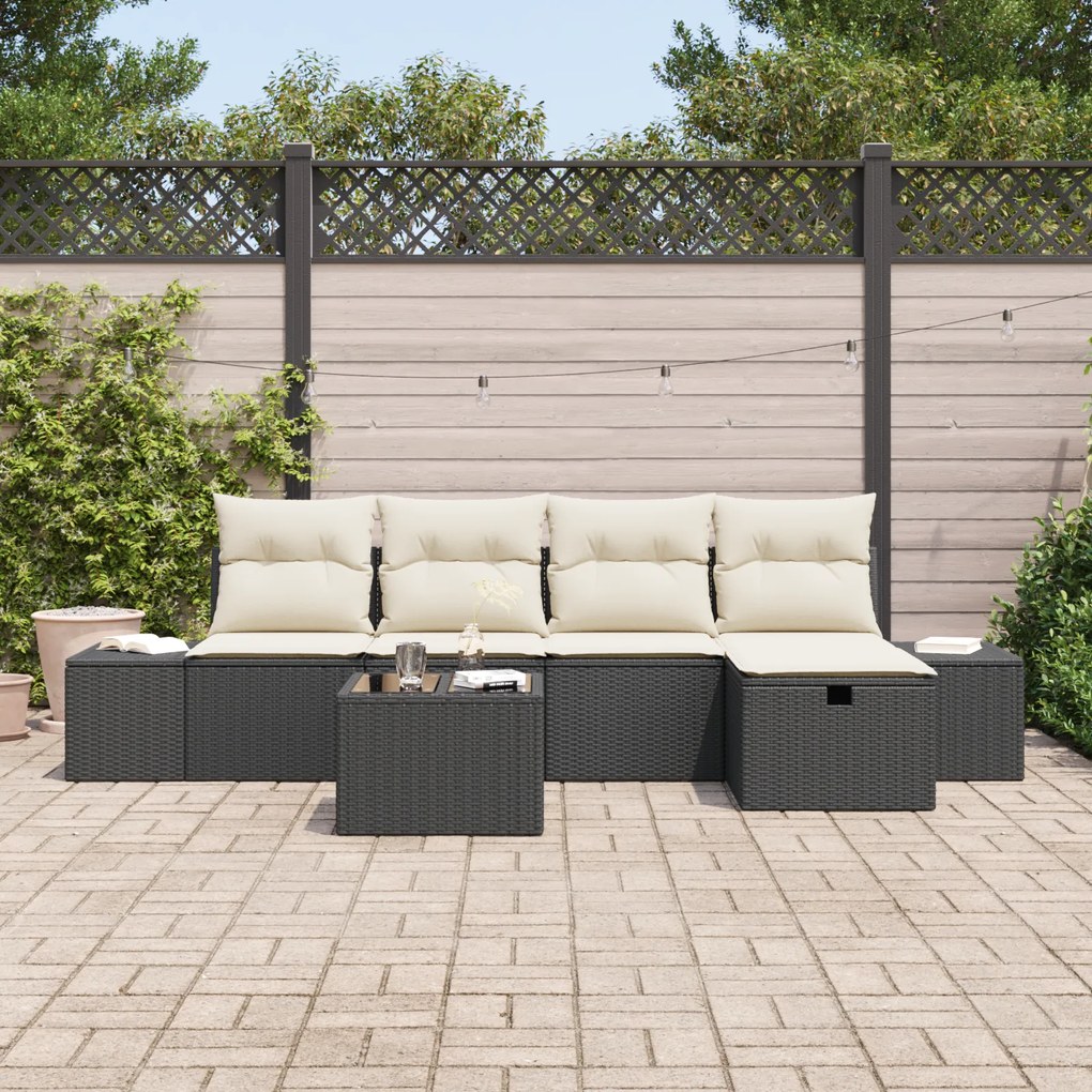 Conjunto de Sofá de Jardim de 6 Peças com Almofadas Preto Vime PE