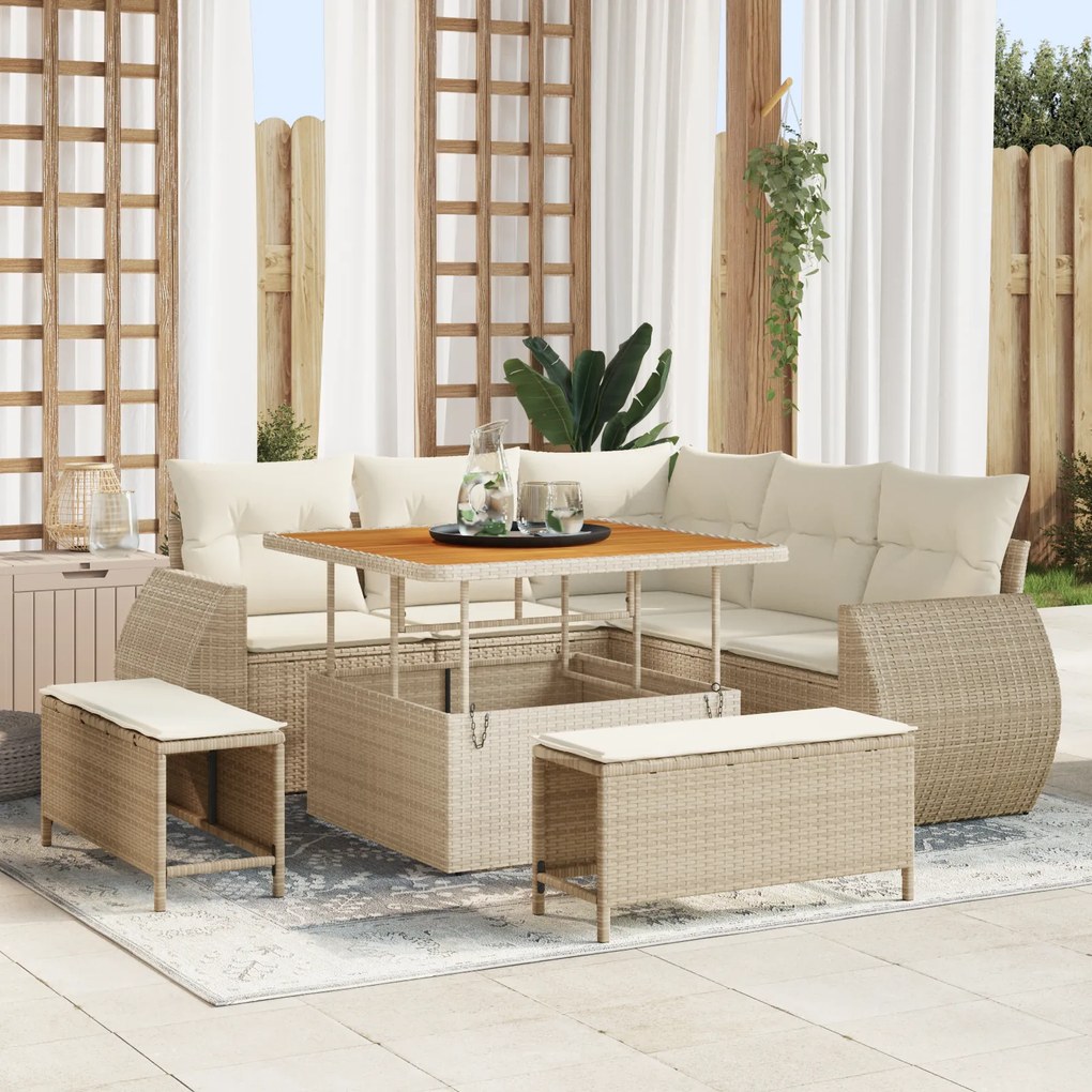 Conjunto de Sofá de Jardim vidaXL de 8 Peças com Almofadas Bege Polirattan Acácia