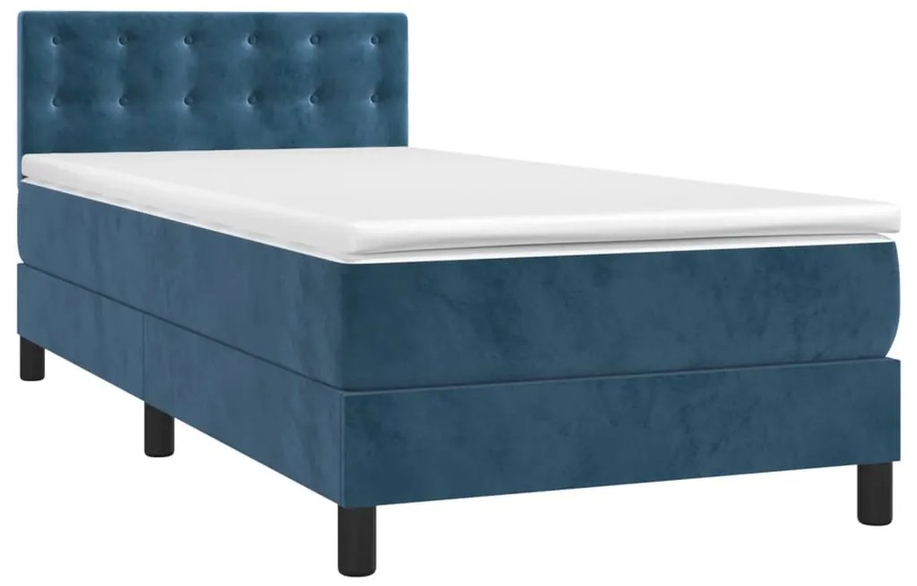 Cama box spring c/ colchão/LED 90x190 cm veludo azul-escuro