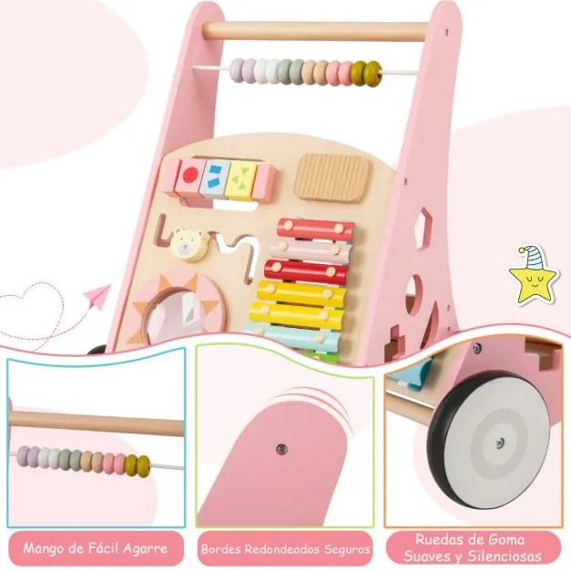 Andarilho de Bebé em Madeira Brinquedo Educativo de Atividade em Madeira com Rodas de Borracha Aprender a Andar para Bebés Rosa