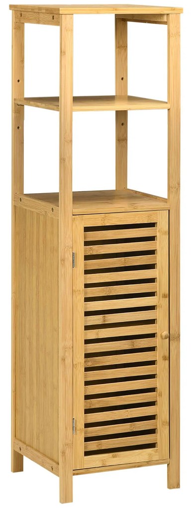 kleankin Armário Auxiliar Bambu Casa de Banho 2 Prateleiras Abertas Porta Ripas Design Elegante 32,9x29,9x120 cm Madeira