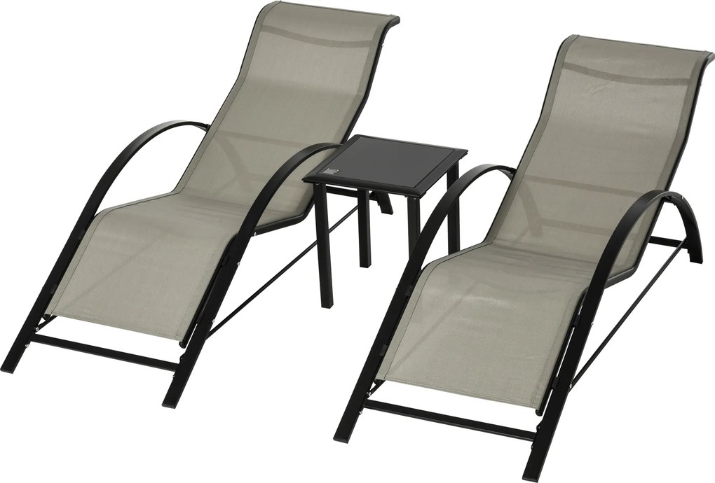 Outsunny Conjunto de 2 Espreguiçadeiras de Jardim 59x169x66 cm com Mesa 41x41x45 cm  Vidro Temperado Apoio de Braços Cinzento | Aosom Portugal
