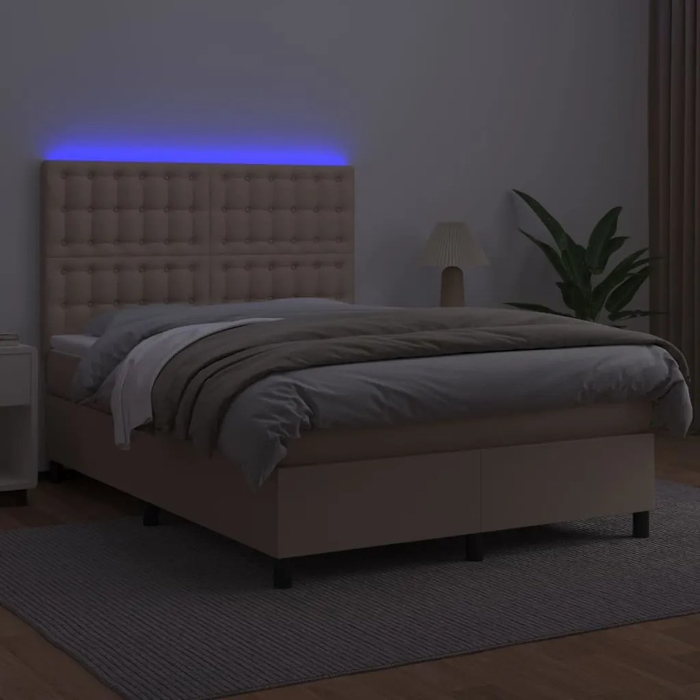 Cama box spring c/colchão/LED 140x200cm couro artif. cappuccino
