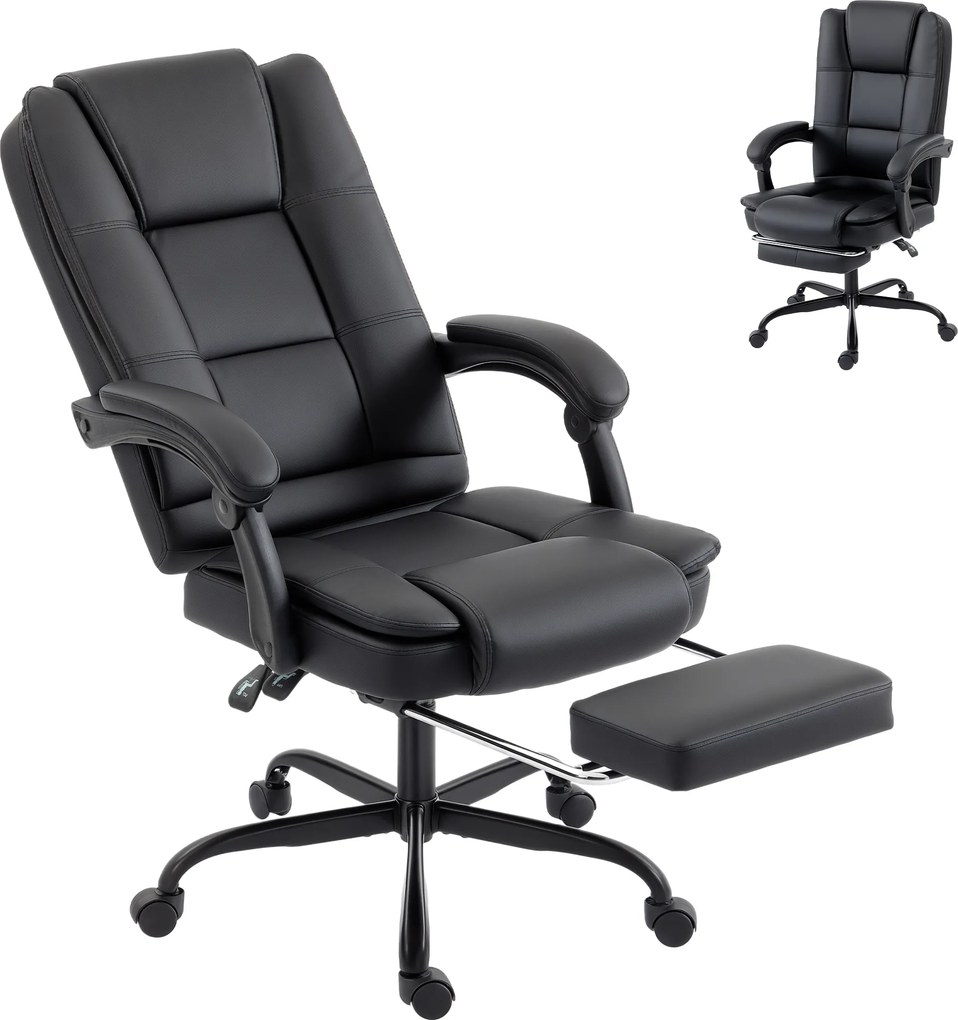 Cadeira de escritório ergonómica, cadeira de escritório reclinável em PU com apoio para os pés retrátil, altura ajustável, preta