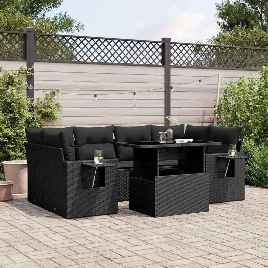 7 pcs conjunto de sofás p/ jardim c/ almofadões vime PE preto