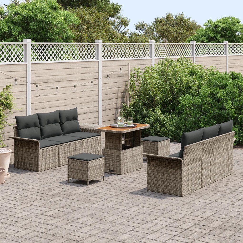 Conjunto de Sofás de Jardim de 9 Peças com Almofadas Cinza Polyrattan