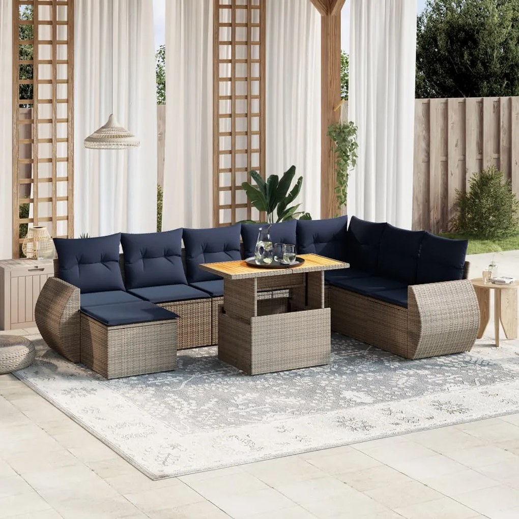 vidaXL 9 pcs conjunto sofás p/ jardim c/ almofadões vime PE cinzento