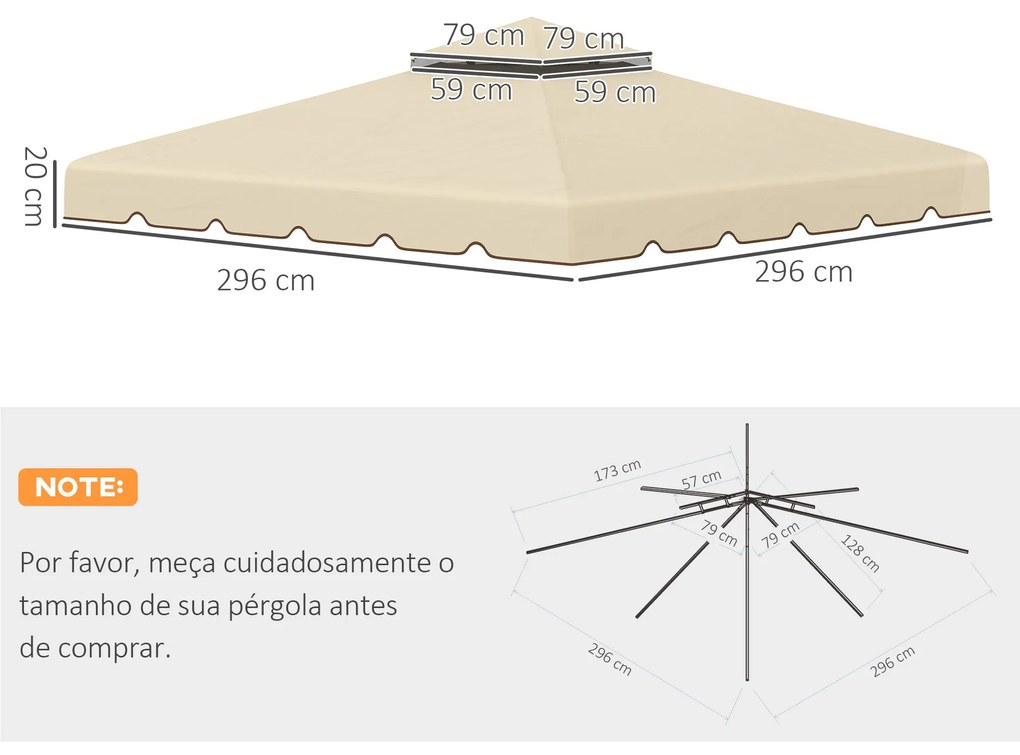 Cobertura de Substituição para Pérgola 2,96x2,96m Teto de Substituição para Pérgolas Exterior com Duplo Teto e 8 Orifícios de Drenagem Bege