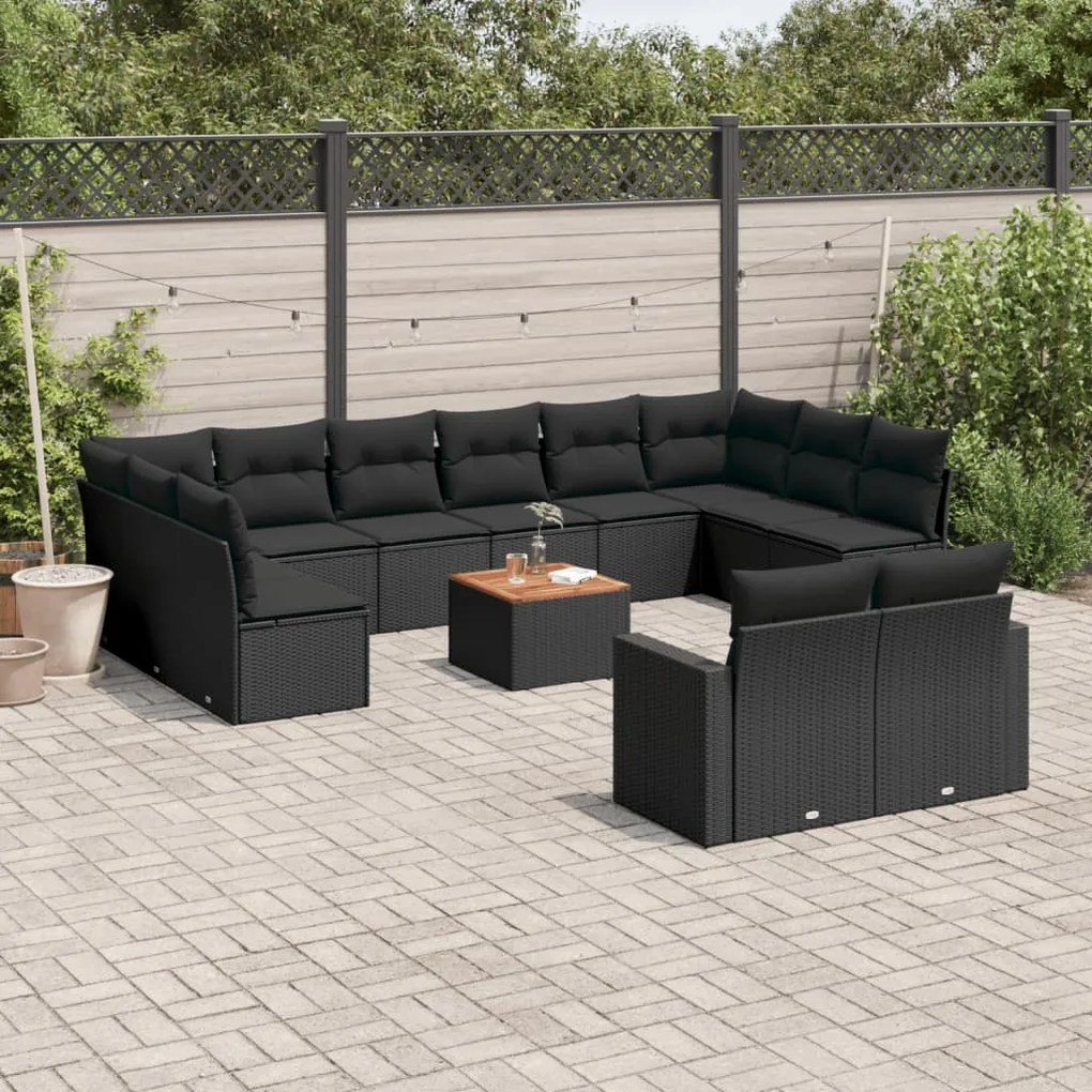 13 pcs conjunto de sofás de jardim com almofadões vime PE preto