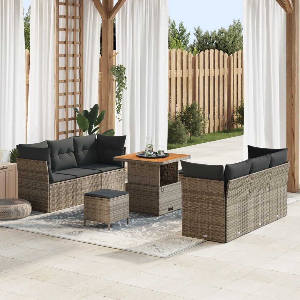 Conjunto de Sofá de Jardim vidaXL de 9 Peças com Almofadas Cinza Rattan Poliéster Acácia