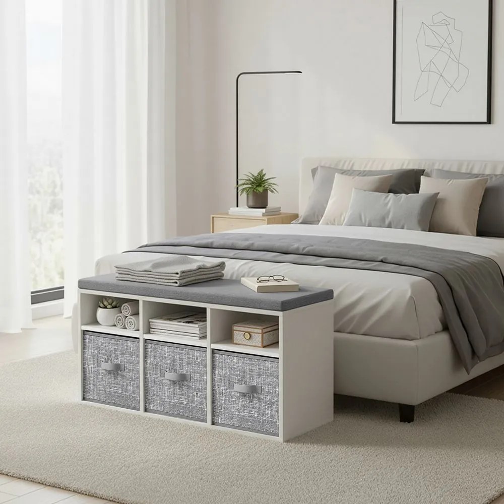 Banco arrumação 87 x 30,3 x 48 cm com 6 compartimentos e 3 caixas, banco para sapatos para a entrada, branco-cinza