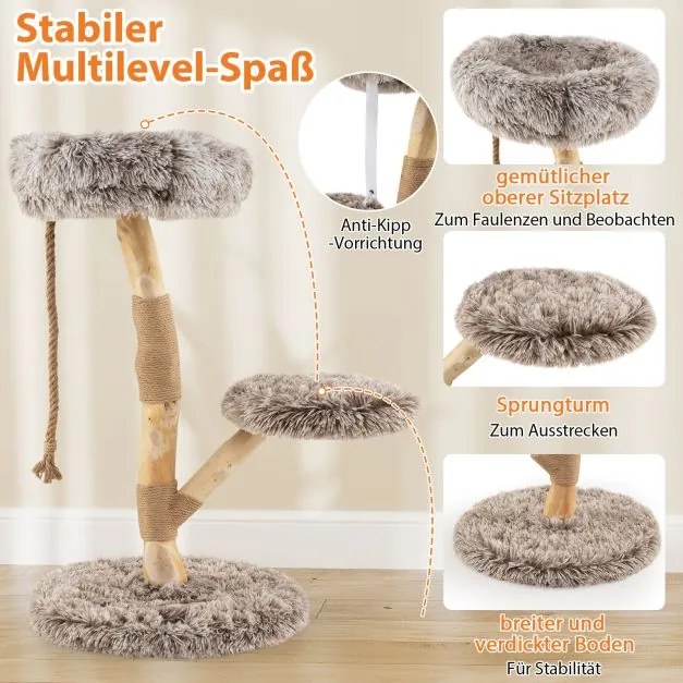 Arranhador para gatos, em madeira com 3 superfícies de assento em pelúcia, corda e poste para arranhar em juta, torre para gatos, móvel para gatos em