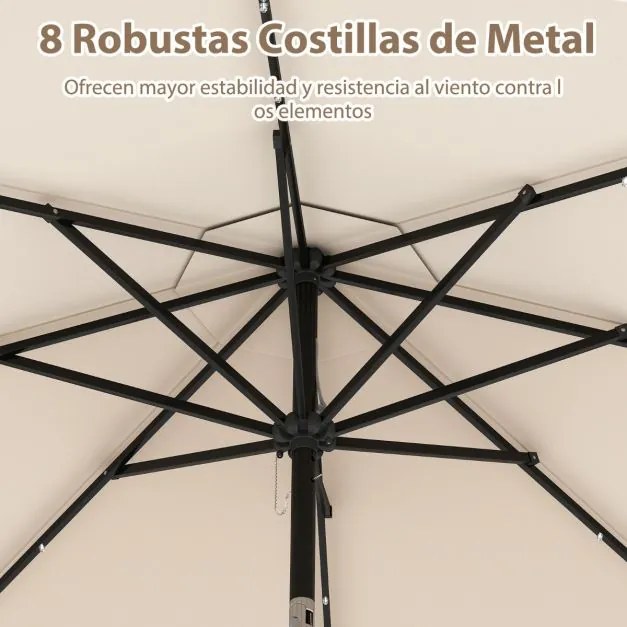 Guarda-sol de 300 cm com 24 luzes LED, parte superior ventilada, folhos e ajuste de inclinação Bege