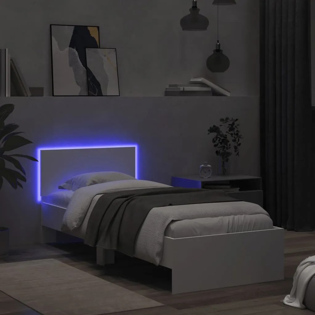 Estrutura de cama com cabeceira e luzes LED 75x190 cm branco