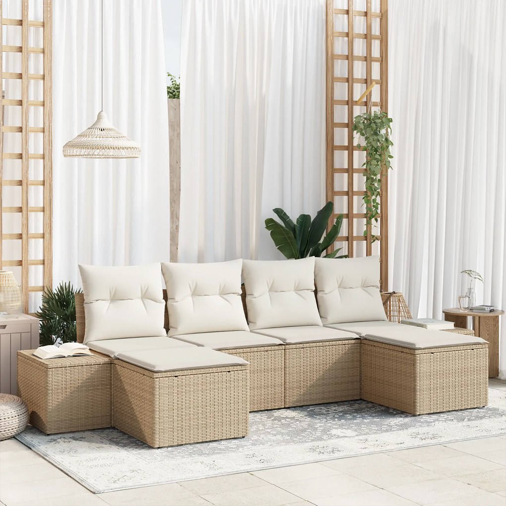 Conjunto de Sofás de Jardim de 6 Peças com Almofadas Bege Rattan Sinté