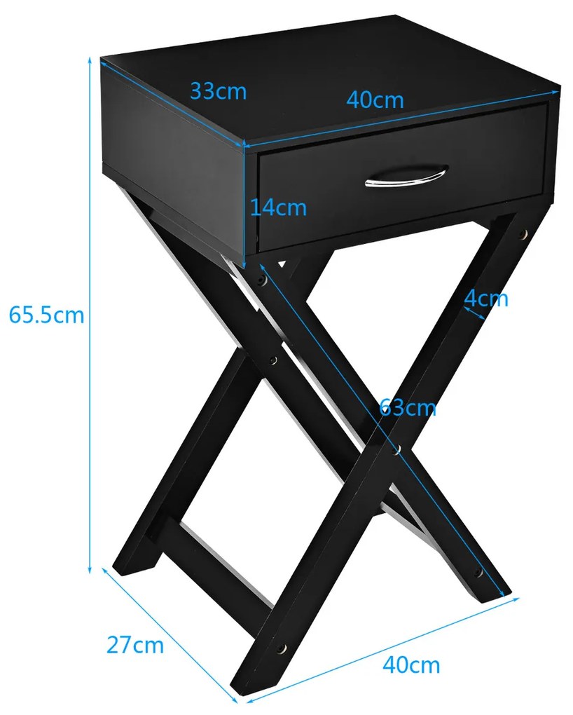 Mesa lateral de madeira em forma de X com uma gaveta e cabo metálico para sala de estar ou quarto de casa ou escritório 40 x 33 x 65,5 cm Preto