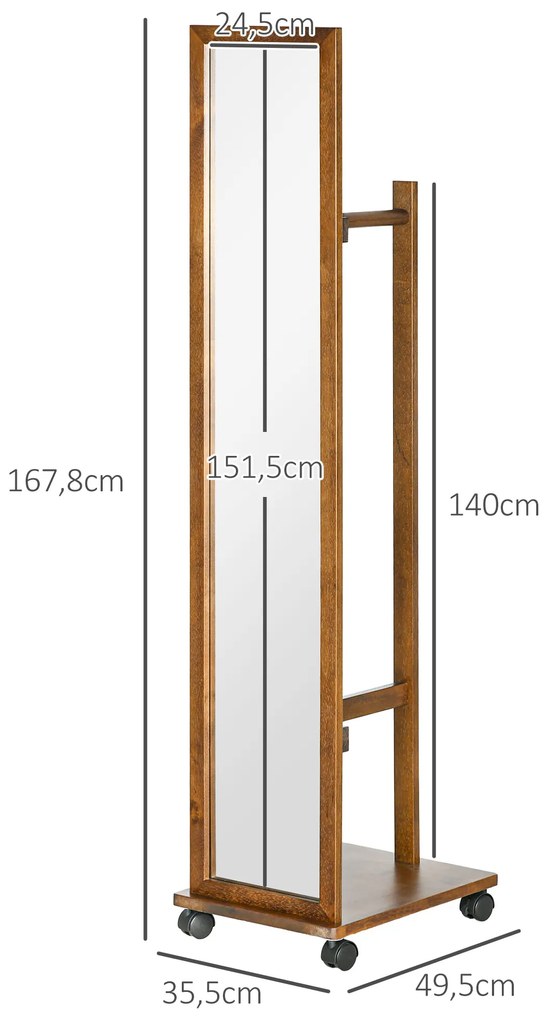 Espelho de Pé com Rodas Espelho de Corpo Inteiro com Barra para Pendurar Roupa e Prateleira 35,5x49,5x167,8 cm Nogueira