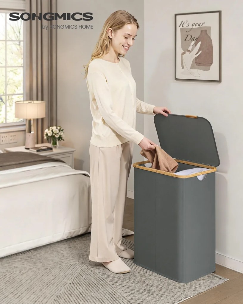 Cesto da roupa suja 52 x 38,5 x 70,5 cm com tampa, 140 litros, em tecido Oxford cinzento ardósia