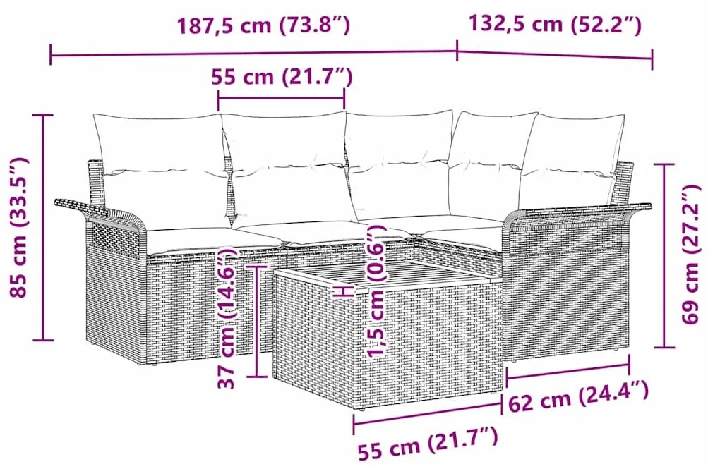 Conjunto de Sofá de Jardim de 5 Peças da com Almofadas Bege em Rattan