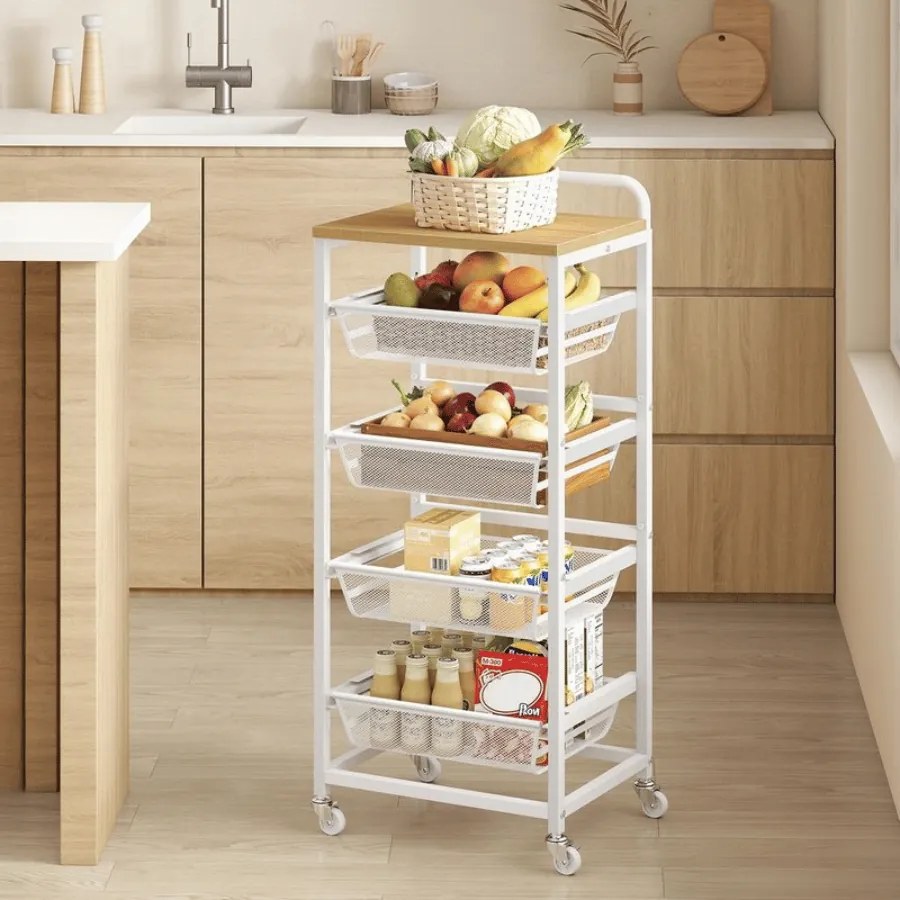 Carrinho de cozinha 31,7 x 40 x 95 cm com vários níveis e cestos extraíveis carvalho dourado-branco