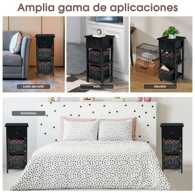 Conjunto de 2 mesas de cabeceira modernas com 1 gaveta e 2 caixas organizadoras para casa sala quarto  28 x 26 x 59,5 cm preto