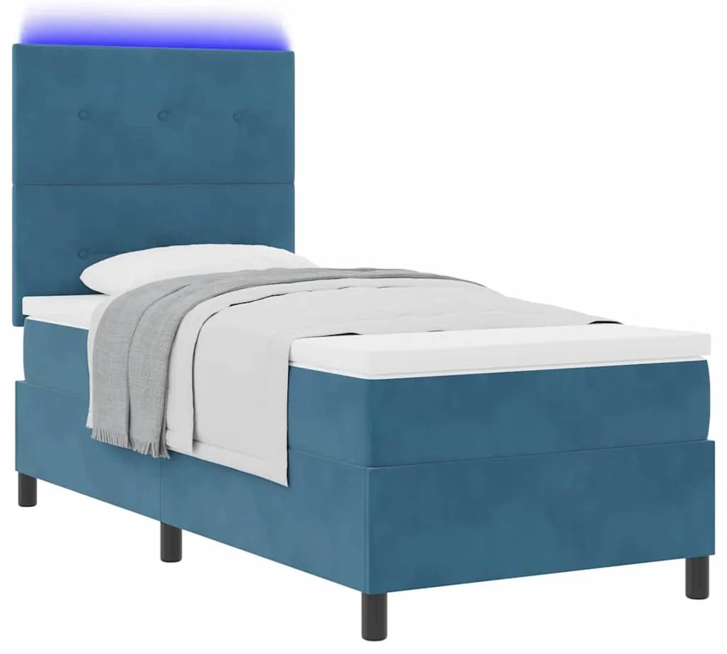Cama Box com Colchão &amp; LED VidaXL Azul Escuro 90x190 cm Veludo