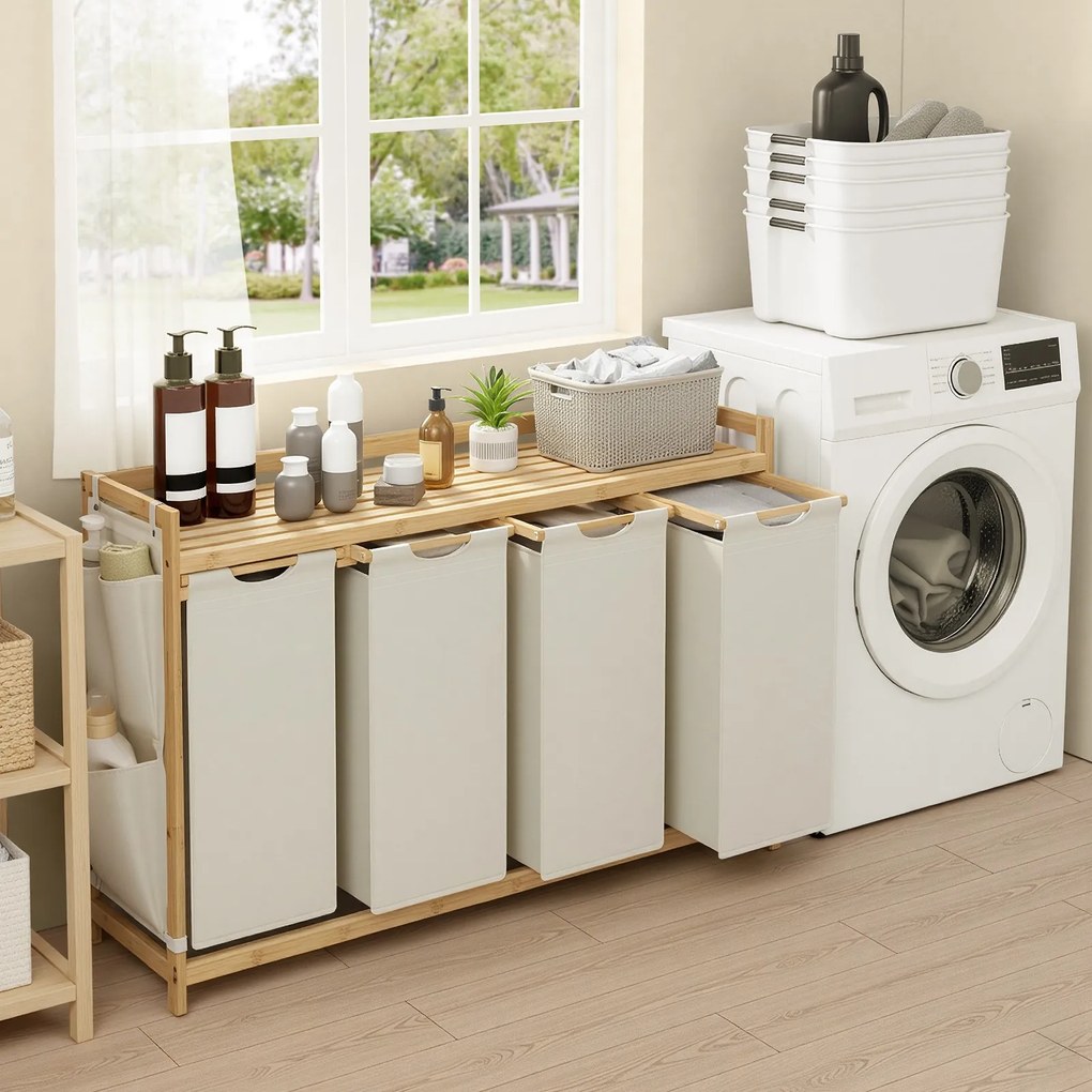 Cesto da roupa suja com 4 compartimentos, bambu 200 L, 124,6 x 33 x 78 cm branco