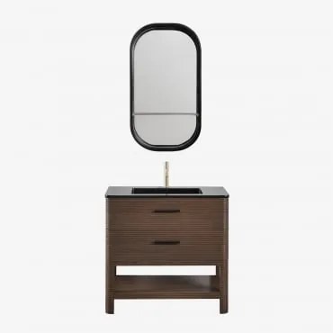 Conjunto De Móvel De Casa De Banho Em Madeira Com Lavatório Integrado Misene Madeira Escura & Oval Com Prateleira Preto 50x90 Cm Warien - Sklum