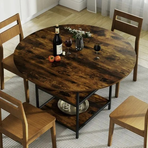 Mesa de Jantar Redonda 120 CM para 4-6 Pessoas de Cozinha Estilo Rústico com Estante Aberta de 2 Níveis Estrutura Metálica Castanha