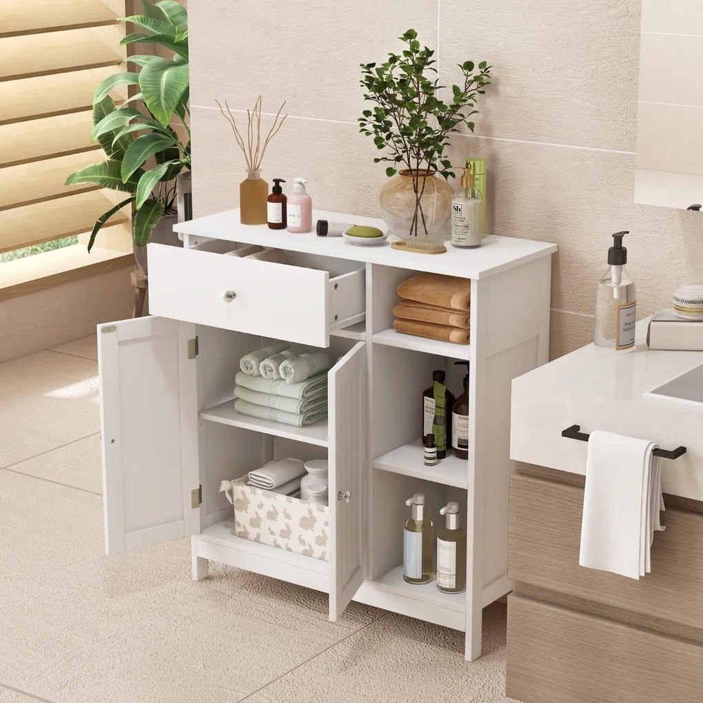 Armário de casa de banho ou multifuncional com 1 gaveta grande, 2 portas e Estante ajustável 75 x 30 x 80 cm Branco