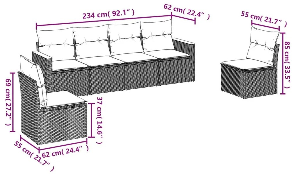 6 pcs conjunto de sofás p/ jardim com almofadões vime PE bege